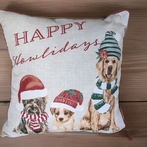 Dog Pillow Ivory with Dogs in Christmas Hats 16x16 #Santapaws Happy Holidays